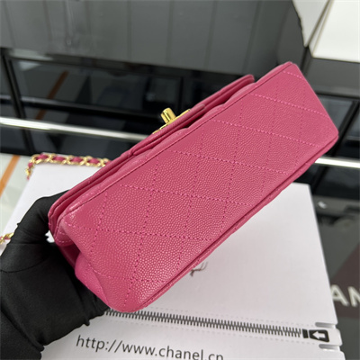 Cha.nel Mini Classic Flap Bag Grained Calfskin Gold Tone Metal Fuchsia 01116
