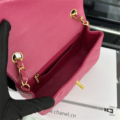Cha.nel Mini Classic Flap Bag Grained Calfskin Gold Tone Metal Fuchsia 01116