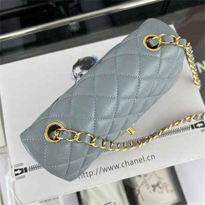 Cha.nel Mini Classic Flap Bag Grained Calfskin Gold Tone Metal Lt Blue 01116