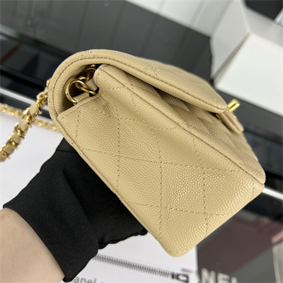 Cha.nel Mini Classic Flap Bag Grained Calfskin Gold Tone Metal Beige 01116