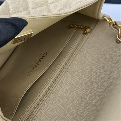 Cha.nel Mini Classic Flap Bag Grained Calfskin Gold Tone Metal Beige 01116