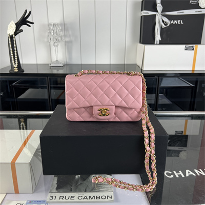Cha.nel Mini Classic Flap Bag Lambskin Gold Tone Metal Pink 01116