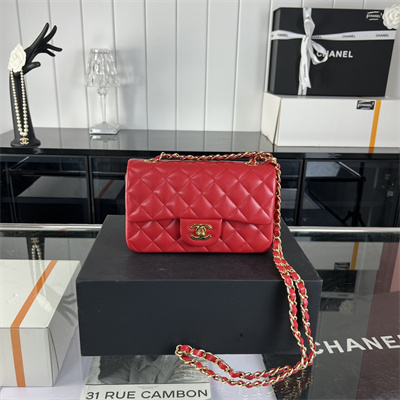 Cha.nel Mini Classic Flap Bag Lambskin Gold Tone Metal Red 01116