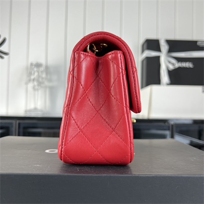 Cha.nel Mini Classic Flap Bag Lambskin Gold Tone Metal Red 01116