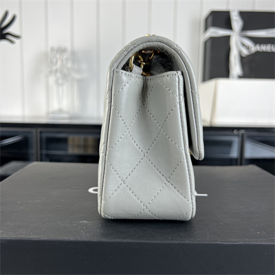 Cha.nel Mini Classic Flap Bag Lambskin Gold Tone Metal Grey 01116