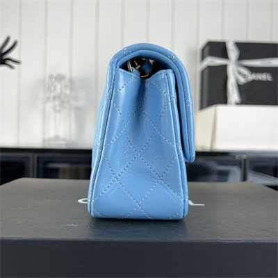 Cha.nel Mini Classic Flap Bag Lambskin Gold Tone Metal Blue 01116