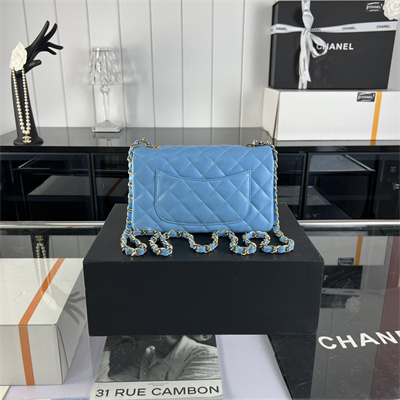 Cha.nel Mini Classic Flap Bag Lambskin Gold Tone Metal Blue 01116