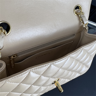 Cha.nel Mini Classic Flap Bag Lambskin Gold Tone Metal Beige 01116