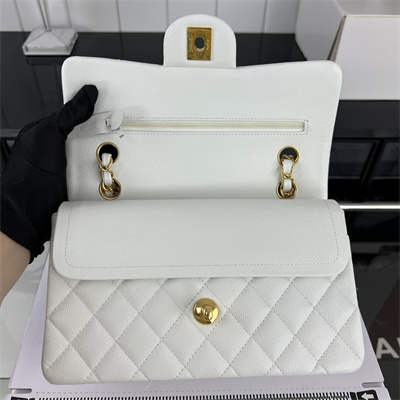 Cha.nel Small Classic Flap Bag Grained Calfskin Gold Tone Metal White 01117