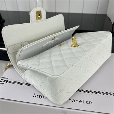 Cha.nel Small Classic Flap Bag Grained Calfskin Gold Tone Metal White 01117 (Flap Edge Stitch)