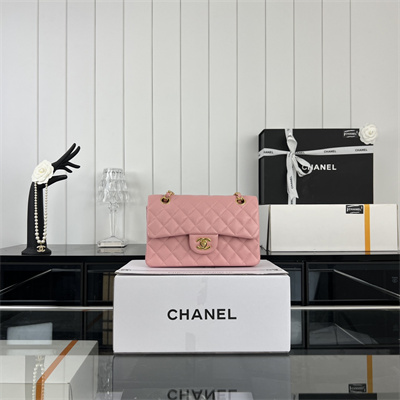 Cha.nel Small Classic Flap Bag Grained Calfskin Gold Tone Metal Pink 01117