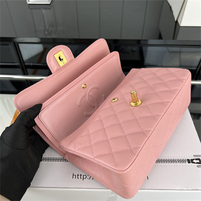 Cha.nel Small Classic Flap Bag Grained Calfskin Gold Tone Metal Pink 01117 (Flap Edge Stitch)