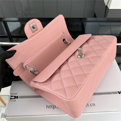 Cha.nel Small Classic Flap Bag Grained Calfskin Silver Tone Metal Pink 01117