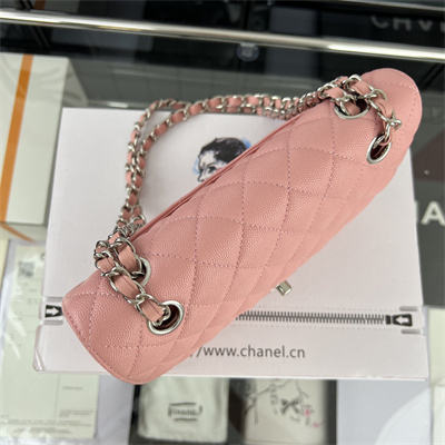 Cha.nel Small Classic Flap Bag Grained Calfskin Silver Tone Metal Pink 01117 (Flap Edge Stitch)