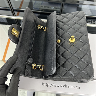 Cha.nel Small Classic Flap Bag Grained Calfskin Gold Tone Metal Black 01117