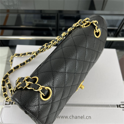 Cha.nel Small Classic Flap Bag Grained Calfskin Gold Tone Metal Black 01117 (Flap Edge Stitch)