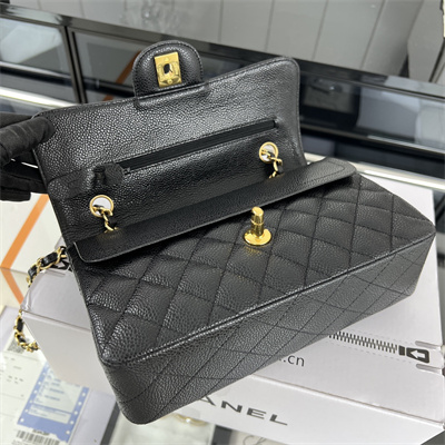 Cha.nel Small Classic Flap Bag Grained Calfskin Gold Tone Metal Black 01117 (Flap Edge Stitch)