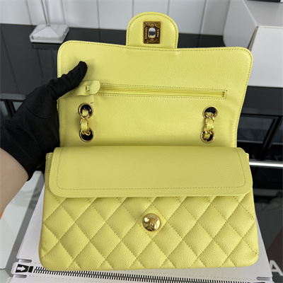 Cha.nel Small Classic Flap Bag Grained Calfskin Gold Tone Metal Yellow 01117 (Flap Edge Stitch)