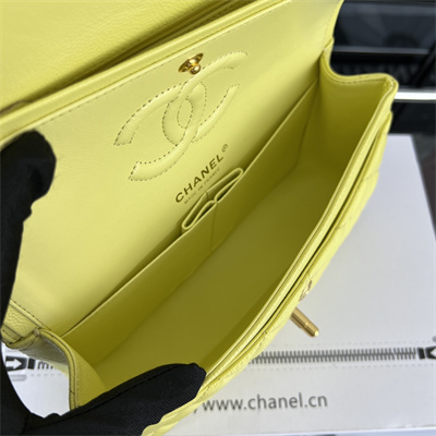 Cha.nel Small Classic Flap Bag Grained Calfskin Gold Tone Metal Yellow 01117 (Flap Edge Stitch)