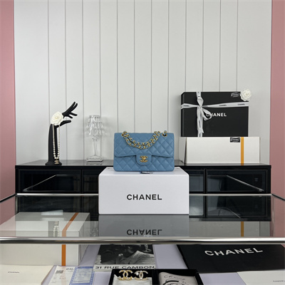 Cha.nel Small Classic Flap Bag Grained Calfskin Gold Tone Metal Blue 01117