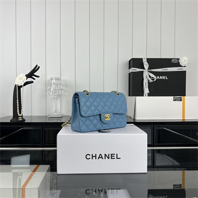 Cha.nel Small Classic Flap Bag Grained Calfskin Gold Tone Metal Blue 01117