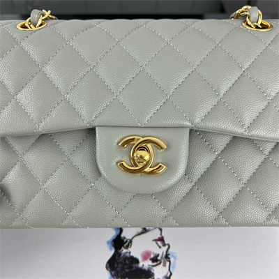 Cha.nel Small Classic Flap Bag Grained Calfskin Gold Tone Metal Grey 01117