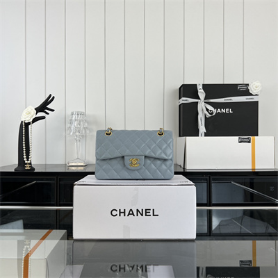 Cha.nel Small Classic Flap Bag Grained Calfskin Gold Tone Metal Lt Blue 01117