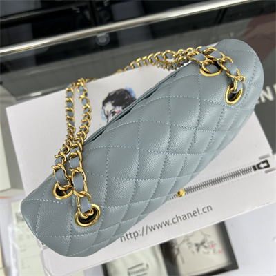 Cha.nel Small Classic Flap Bag Grained Calfskin Gold Tone Metal Lt Blue 01117