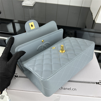 Cha.nel Small Classic Flap Bag Grained Calfskin Gold Tone Metal Lt Blue 01117 (Flap Edge Stitch)