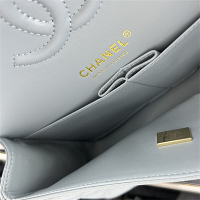 Cha.nel Small Classic Flap Bag Grained Calfskin Gold Tone Metal Lt Blue 01117 (Flap Edge Stitch)