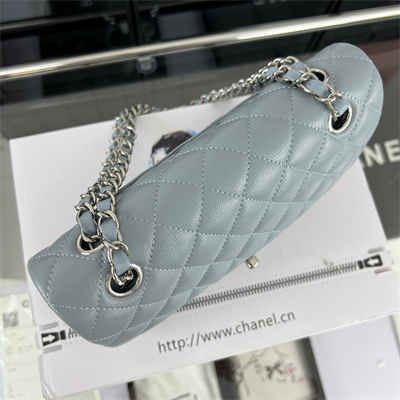 Cha.nel Small Classic Flap Bag Grained Calfskin Silver Tone Metal Lt Blue 01117