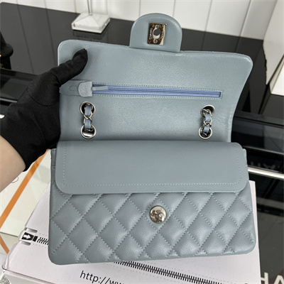 Cha.nel Small Classic Flap Bag Grained Calfskin Silver Tone Metal Lt Blue 01117