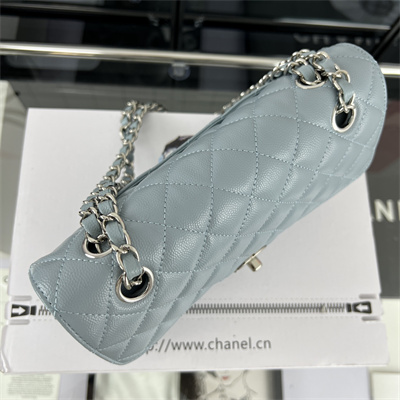 Cha.nel Small Classic Flap Bag Grained Calfskin Silver Tone Metal Lt Blue 01117 (Flap Edge Stitch)