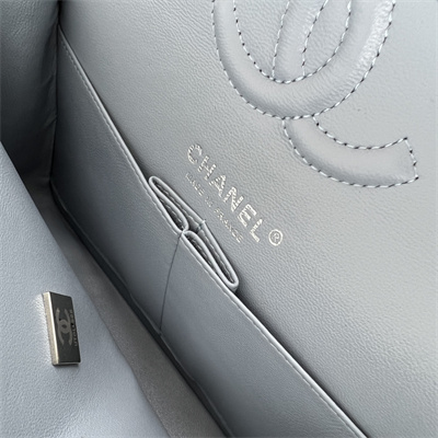 Cha.nel Small Classic Flap Bag Grained Calfskin Silver Tone Metal Lt Blue 01117 (Flap Edge Stitch)