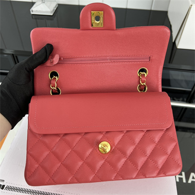 Cha.nel Small Classic Flap Bag Grained Calfskin Gold Tone Metal Red 01117