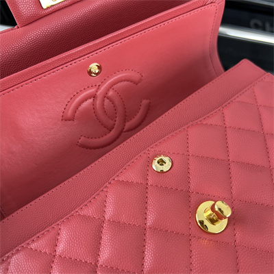 Cha.nel Small Classic Flap Bag Grained Calfskin Gold Tone Metal Red 01117