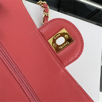 Cha.nel Small Classic Flap Bag Grained Calfskin Gold Tone Metal Red 01117 (Flap Edge Stitch)