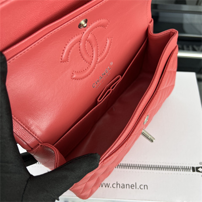 Cha.nel Small Classic Flap Bag Grained Calfskin Silver Tone Metal Red 01117