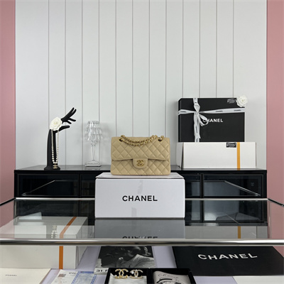 Cha.nel Small Classic Flap Bag Grained Calfskin Gold Tone Metal Beige 01117