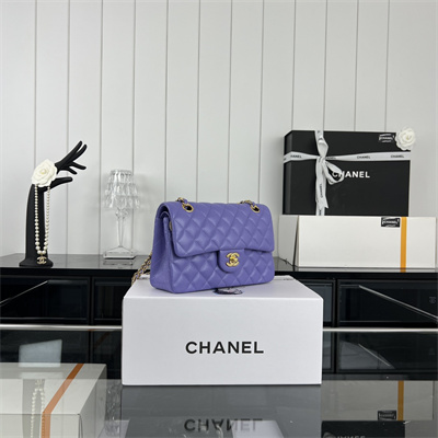 Cha.nel Small Classic Flap Bag Grained Calfskin Gold Tone Metal Purple 01117