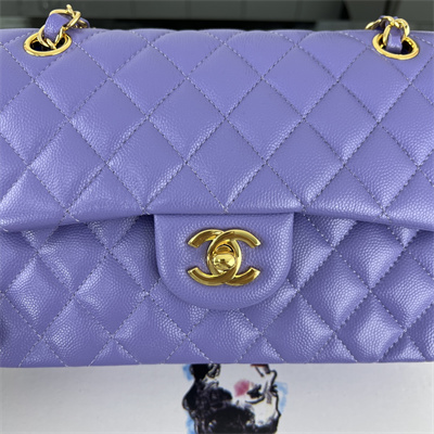 Cha.nel Small Classic Flap Bag Grained Calfskin Gold Tone Metal Purple 01117