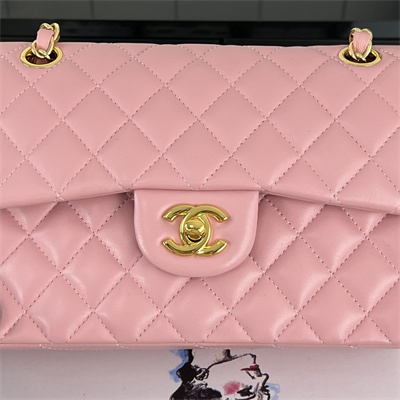Cha.nel Small Classic Flap Bag Lambskin Gold Tone Metal Pink 01117