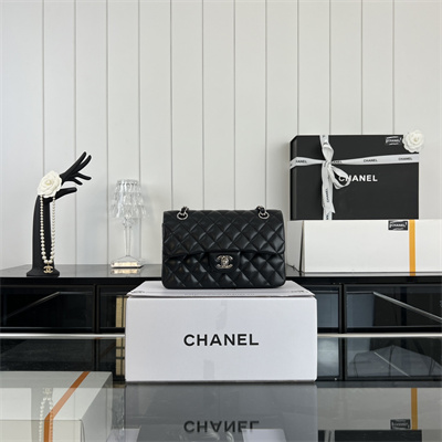 Cha.nel Small Classic Flap Bag Lambskin Silver Tone Metal Black 01117