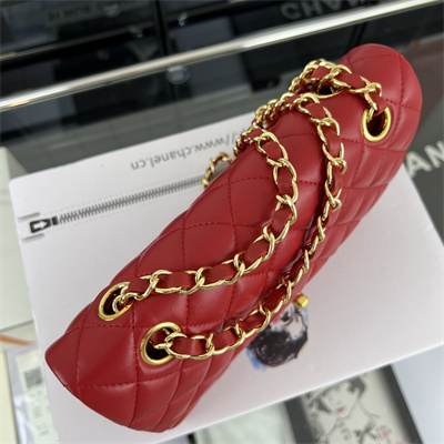 Cha.nel Small Classic Flap Bag Lambskin Gold Tone Metal Red 01117
