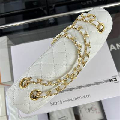 Cha.nel Medium Classic Flap Bag Grained Calfskin Gold Tone Metal White 01112