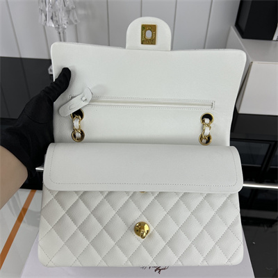 Cha.nel Medium Classic Flap Bag Grained Calfskin Gold Tone Metal White 01112
