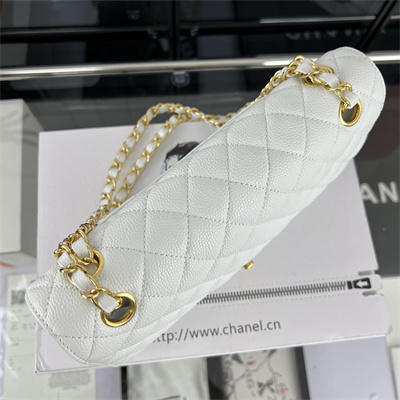 Cha.nel Medium Classic Flap Bag Grained Calfskin Gold Tone Metal White 01112 (Flap Edge Stitch)