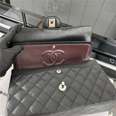 Cha.nel Medium Classic Flap Bag Grained Calfskin Silver Tone Metal Black 01112 (Flap Edge Stitch)