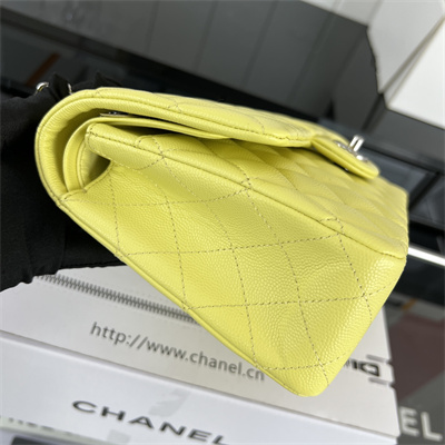 Cha.nel Medium Classic Flap Bag Grained Calfskin Silver Tone Metal Yellow 01112