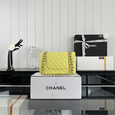 Cha.nel Medium Classic Flap Bag Grained Calfskin Silver Tone Metal Yellow 01112
